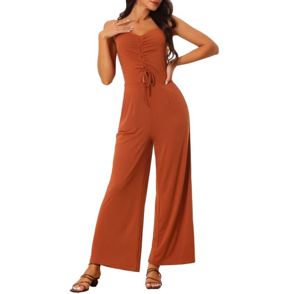 Ruched Drawstring Front Sleeveless Wide Leg Long Jumpsuits Burnt Orange